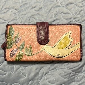 Fossil Bird Design Wallet in Pink and Cream